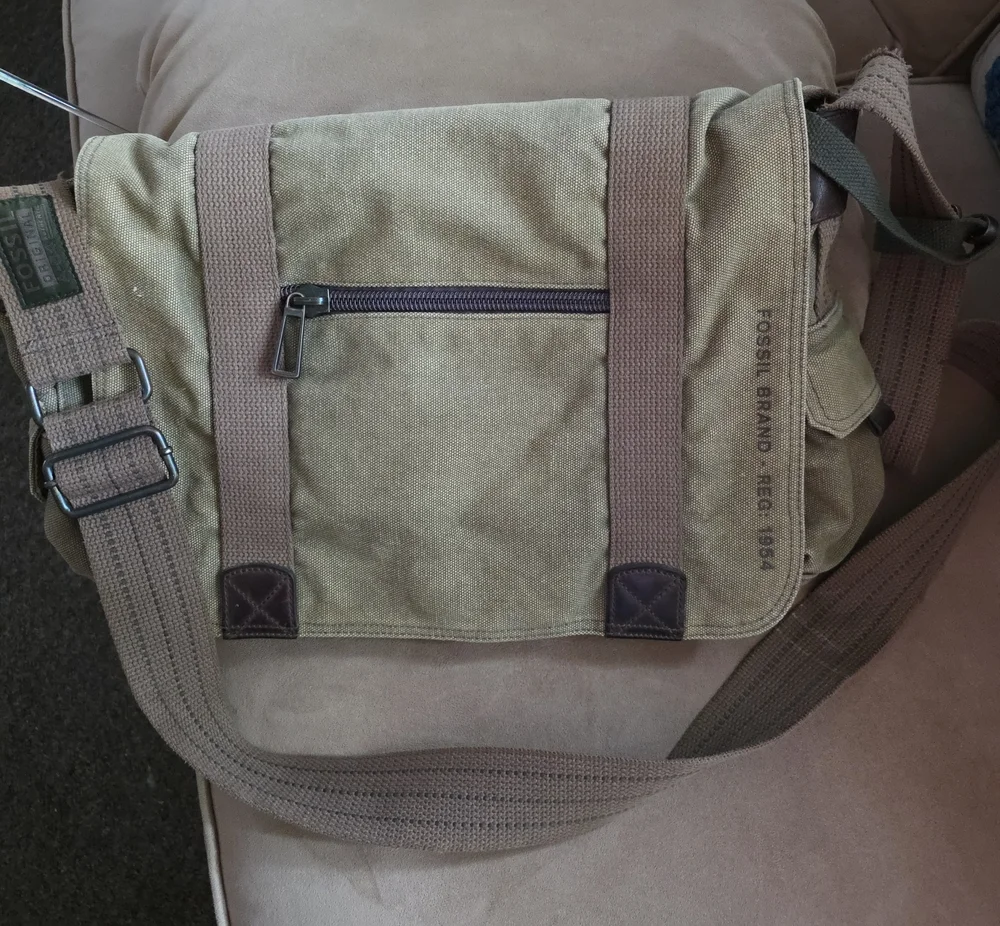 Fossil Canvas Messenger Bag in Khaki and Brown
